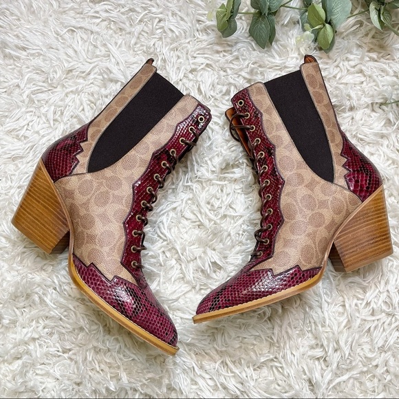 Coach Lace Up Signature Canvas & Snakeskin Boots - Picture 8 of 13